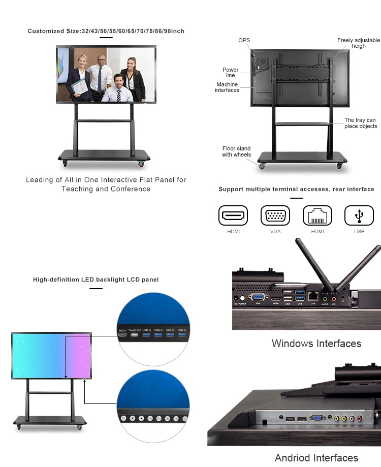 High Quality Smart Interactive Touch Anti-Glare 4K Panel Dual System Digital Intelligent Whiteboard