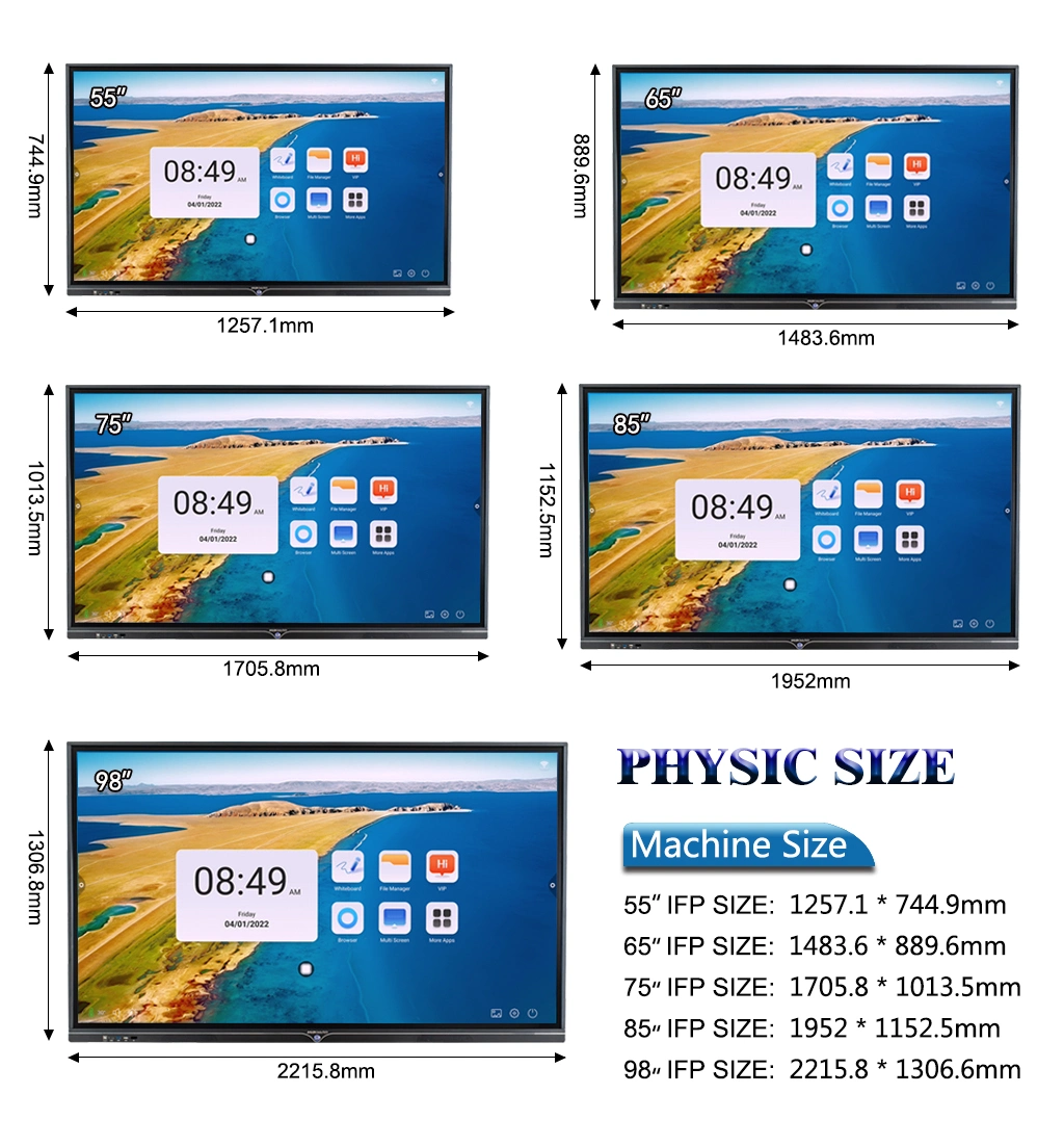 Top LED Monitor 3840*2160 4K Finger Touch Interactive Whiteboard Meeting Interactive Flat Panel Teaching Smart Board 65, 75, 85, 86, 98 Inch Classroom Office