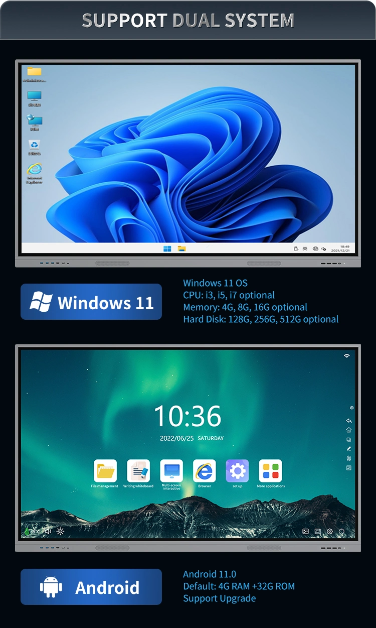 OEM ODM 55 65 75 86 100 Inch All in One PC Multi Touch School Board Interactive Whiteboard Smart Board with Dual System